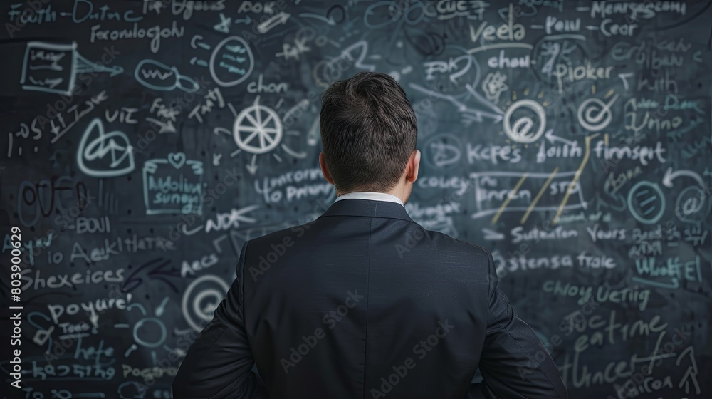 Businessman analyzing complex data on chalkboard Businessman analyzing complex data on chalkboard