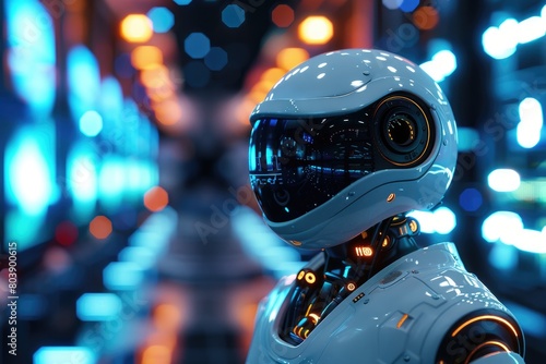 Futuristic robot in neon lit corridor