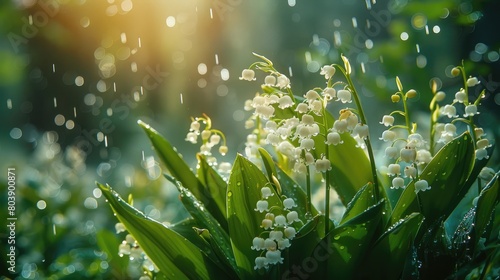 White lily of the valley flowers. Convallaria majalis forest flowering plant with raindrops. photo