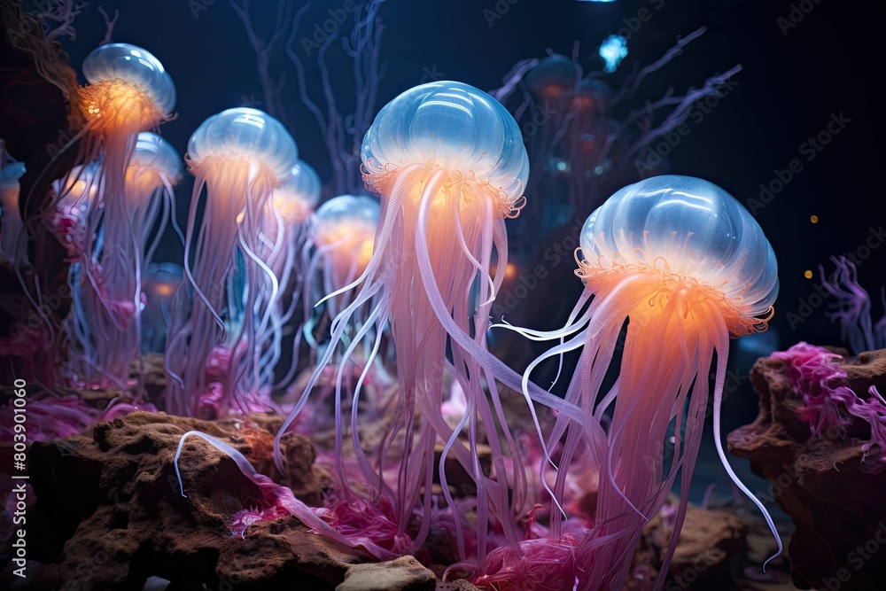 Naklejka premium Ethereal jellyfish underwater scene