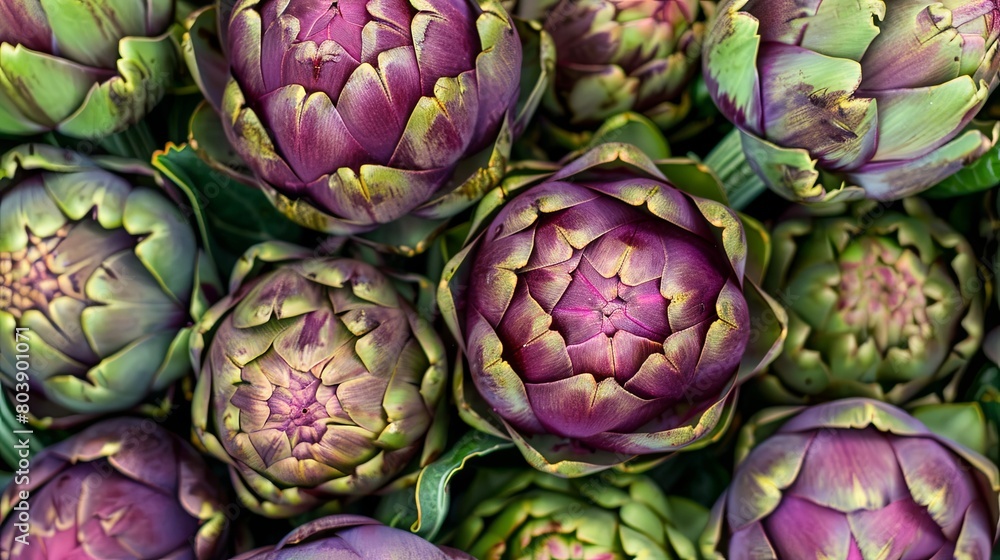Fototapeta premium Fresh artichokes at close-up, vibrant vegetable texture