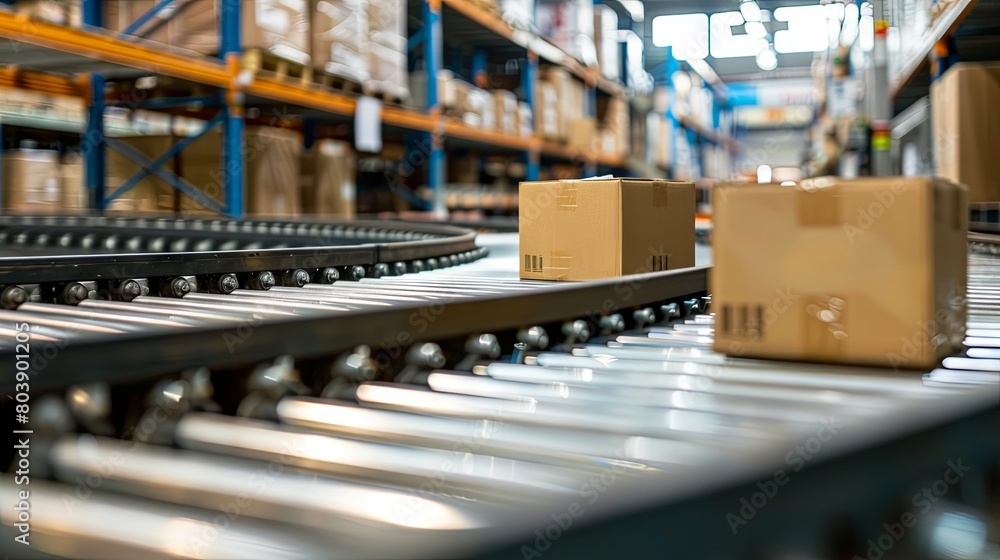 Conveyor belt in warehouse with cardboard boxes Conveyor belt in warehouse with cardboard boxes