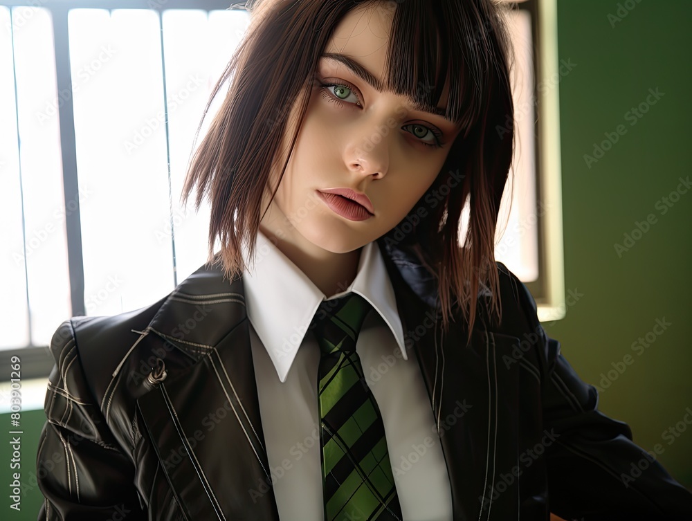 serious young woman in school uniform serious young woman in school uniform