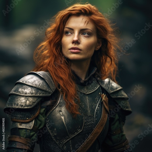 Fierce female warrior with flowing red hair