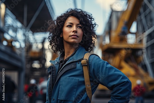 confident woman with curly hair in urban setting