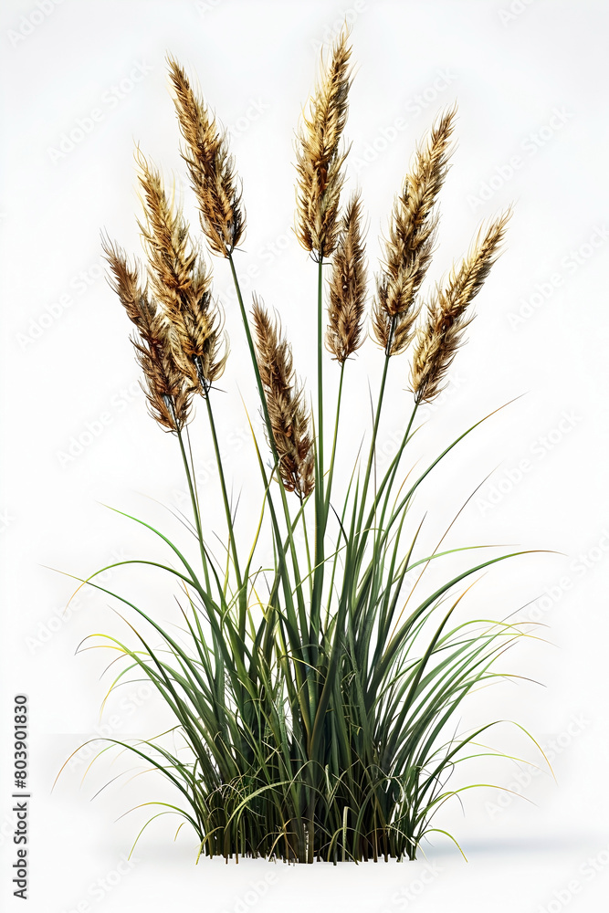 Lush Wheat Grass with Tall Stalks and Golden Spikes Against Pristine White Background Lush Wheat Grass with Tall Stalks and Golden Spikes Against Pristine White Background