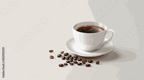 Cup of hot coffee and beans on light background vector