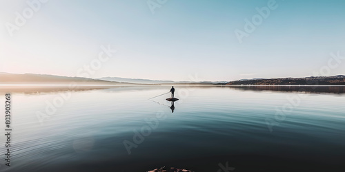 Pescador ao pôr do sol em um lago tranquilo