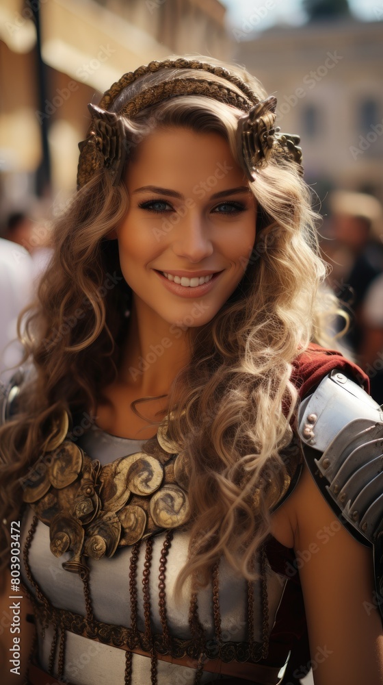 Smiling woman with curly hair and ornate headpiece Smiling woman with curly hair and ornate headpiece