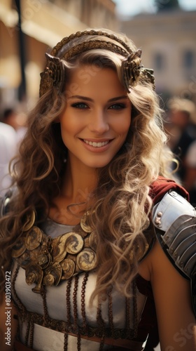 Smiling woman with curly hair and ornate headpiece