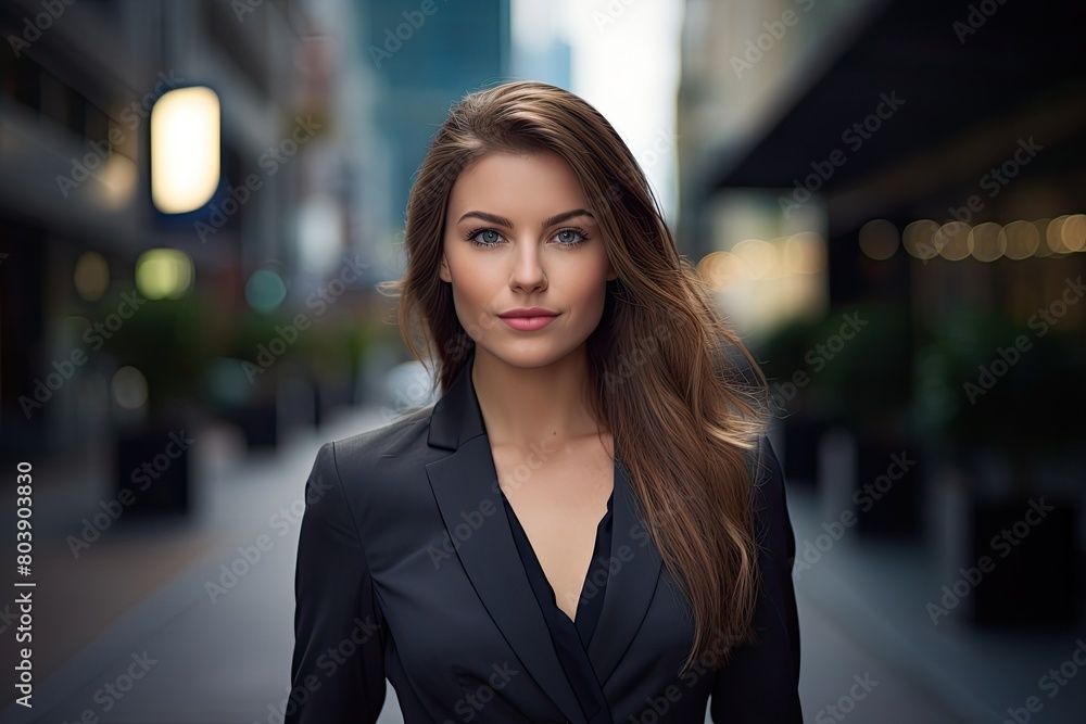 professional woman in black suit on city street professional woman in black suit on city street