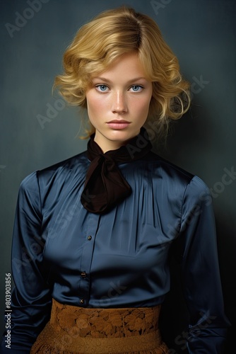 Elegant woman in navy blue blouse and brown skirt