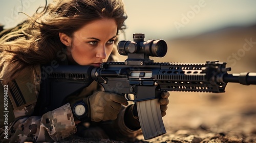 Tactical woman with assault rifle in desert