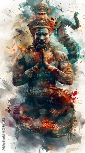 Mythical Serpent Nagaraja Bestowing Wisdom and Enlightenment Upon Spiritual Seekers in Cinematic Watercolor photo
