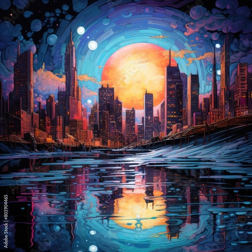 futuristic cityscape with glowing sunset