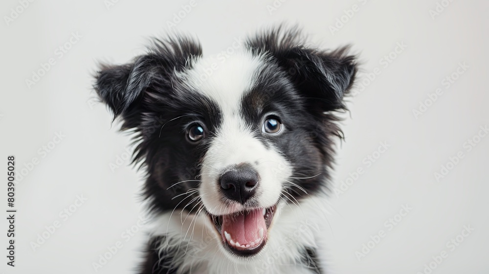 Close-up portrait of an adorable black and white puppy with bright eyes