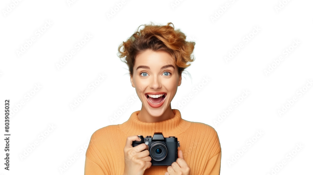 Excited woman holding camera on transparent backdrop Excited woman holding camera on transparent backdrop