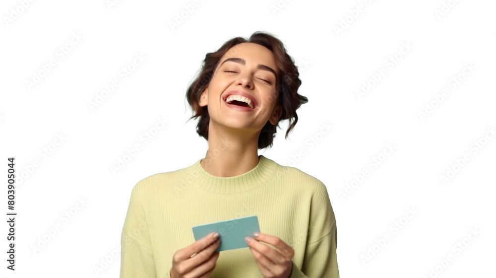 Joyful woman laughing, holding a credit card, on a transparent backdrop Joyful woman laughing, holding a credit card, on a transparent backdrop