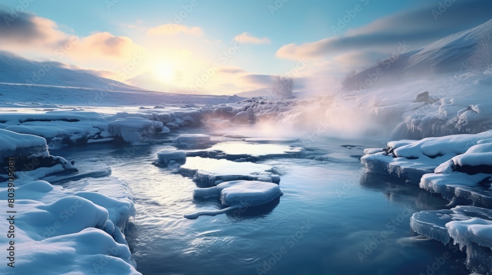 Serene winter landscape with frozen lake and snowy mountains