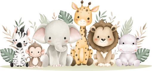 Papier peint photo Chambre de bébé Animaux safari et feuilles tropicales aquarelle  © Stella