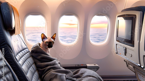 Traveling with Pets.Sphynx cat in the cabin of the plane at sunset. Pet-Friendly Airline photo