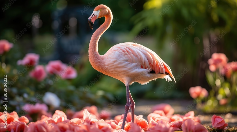 Obraz premium Vibrant flamingo standing among pink flowers