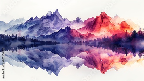 Mountain Landscape Blend: Double Exposure, Intricate Watercolor Splashes, White Background, Captivating Visual Composition #803906678