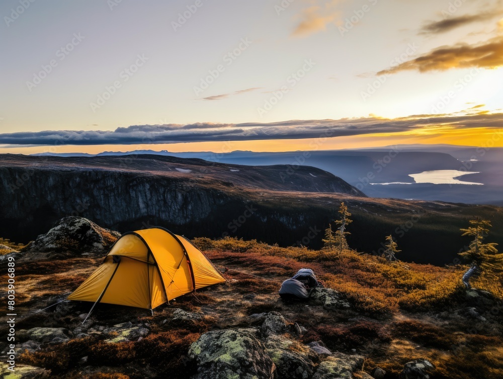 Scenic mountain landscape with camping tent at sunset