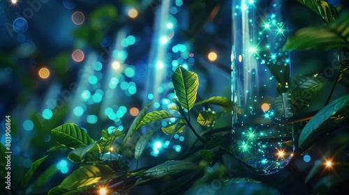 Render a photorealistic CG 3D image showcasing a low-angle perspective of a biotechnology breakthrough in progress Highlight vibrant bioluminescent plants intertwining with advance © J@x In The Box
