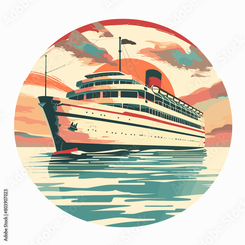 Wallpaper Mural A serene and peaceful illustration of a cruise ship sailing across calm waters featuring a vintage sunset, vector graphic Torontodigital.ca