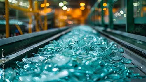 Glass Recycling Process in Industry: Broken Glass Being Recycled. Concept Glass Recycling, Broken Glass, Recycling Process, Industry, Environmental Sustainability photo