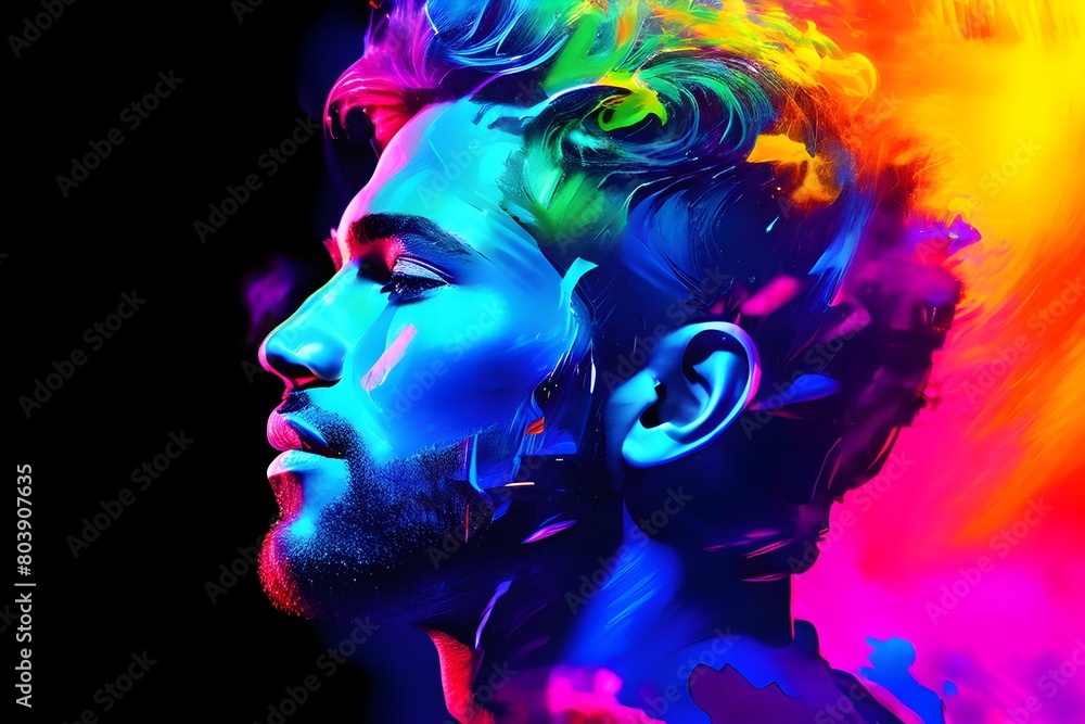Abstract digital painting of a mans face in vibrant neon color Abstract digital painting of a mans face in vibrant neon color