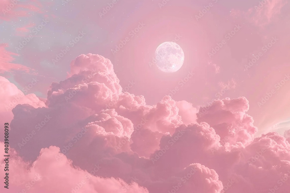 Obraz premium Full Moon Rising in a Star-Filled Pink Sky - Celestial Observations, Romantic Nightscapes, Nature Wallpapers