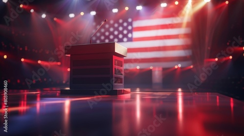 2024 Presidential election imagery: candidate and podium with a bold American flag, hyper-realistic details photo