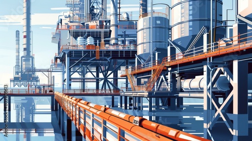 A vibrant illustration of an industrial facility with pipes and towers