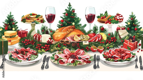 Decorated Christmas table Fourting on white background
