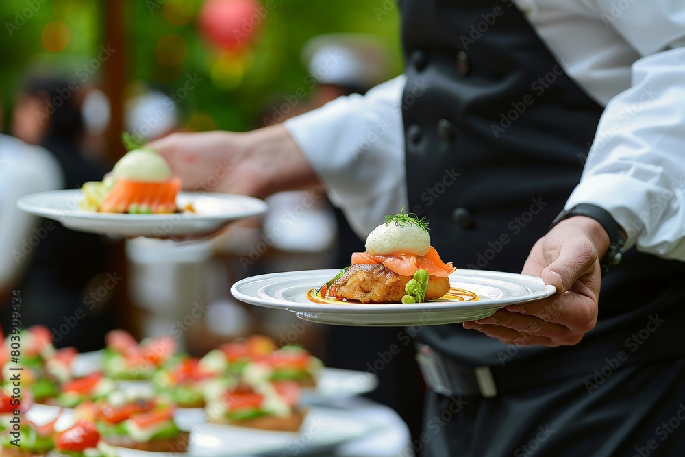Waiter serving fish dish at wedding reception or festive event in upscale restaurant Waiter serving fish dish at wedding reception or festive event in upscale restaurant
