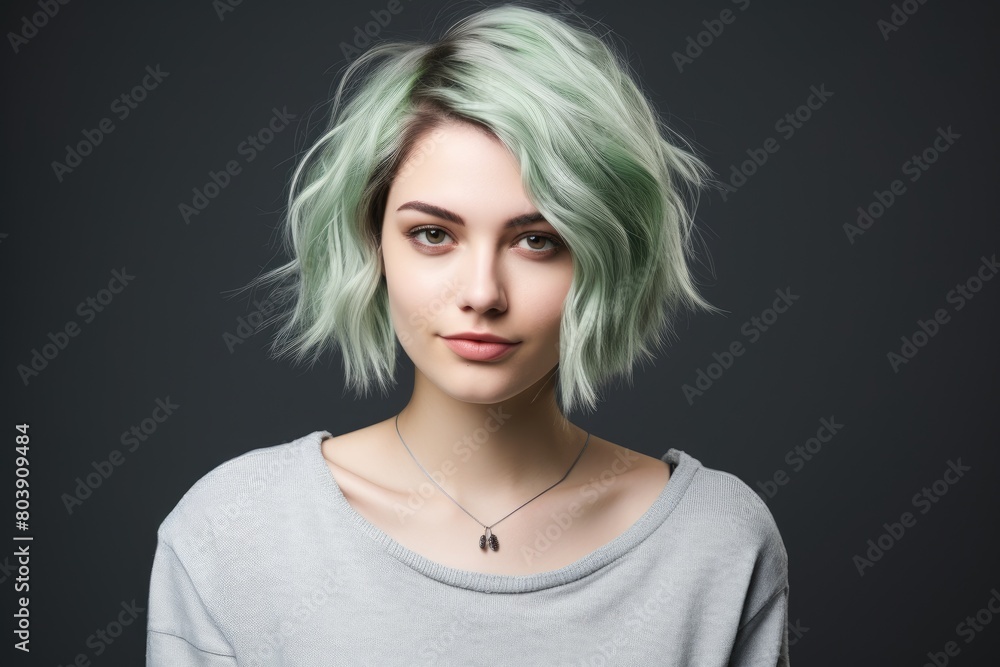 portrait of young woman with dyed green hair