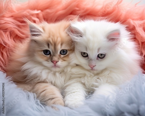 Adorable fluffy kittens cuddling on soft pink blanket