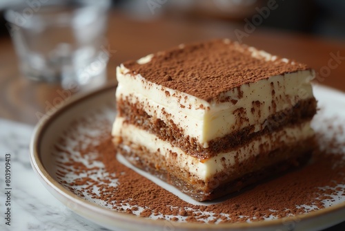 Closeup of a decadent tiramisu layered with rich espressosoaked ladyfingers, topped with cocoa powder