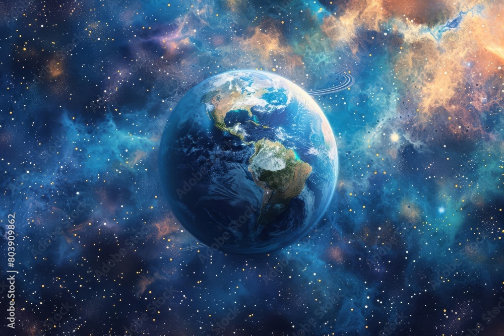 Fototapeta premium Paint a fantastical watercolor representation of a planet seen from space