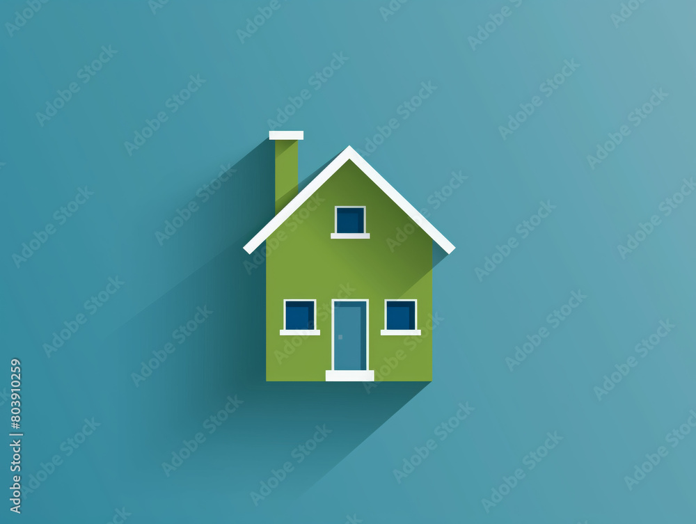A green house icon on a blue background. A green house icon on a blue background.
