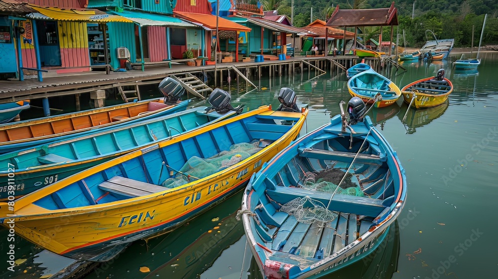 Fishing Village: In the quaint fishing village, colorful boats line the docks, while fishermen mend their nets and prepare for the day's catch Fishing Village: In the quaint fishing village, colorful boats line the docks, while fishermen mend their nets and prepare for the day's catch