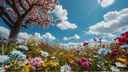 Cartoon Style, with a variety of flowers in full bloom and a clear blue sky, Generative AI