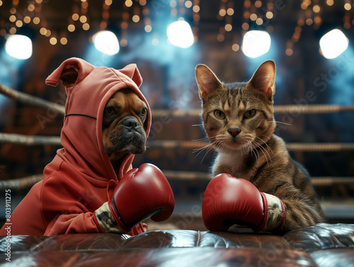 A cat and a dog wearing boxing costume, are standing in a boxing ring, ready to fight , conflict concept. photo