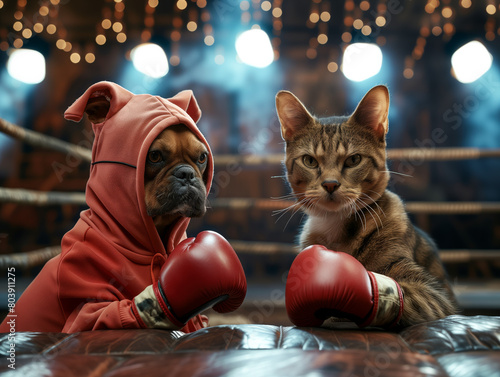 A cat and a dog wearing boxing costume, are standing in a boxing ring, ready to fight , conflict concept.