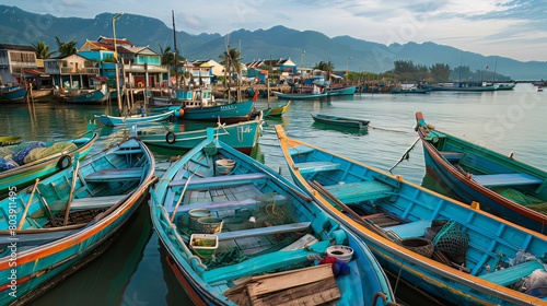 Wallpaper Mural Fishing Village: In the quaint fishing village, colorful boats line the docks, while fishermen mend their nets and prepare for the day's catch Torontodigital.ca