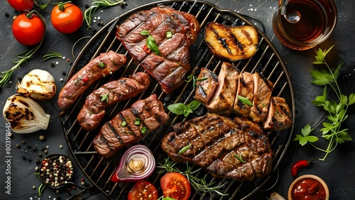 Summer weekend BBQ party with grilled meat for a fun afternoon gathering. Concept Outdoor Cooking, Weekend Gathering, BBQ Party, Grilled Meat, Summer Fun