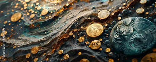 Illustrate the concept of Crytrocurrency through a traditional oil painting technique from an eye-level angle Render the intricate details of digital coins in rich textures and dyn photo
