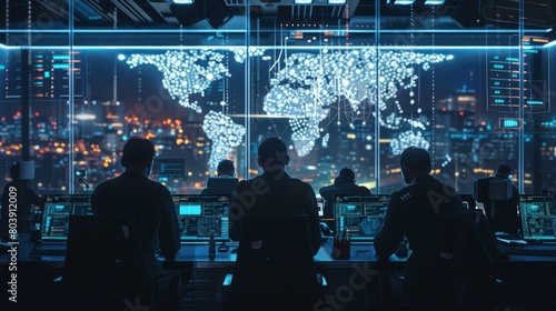 Operators in a mission control room analyzing global network traffic and patterns photo